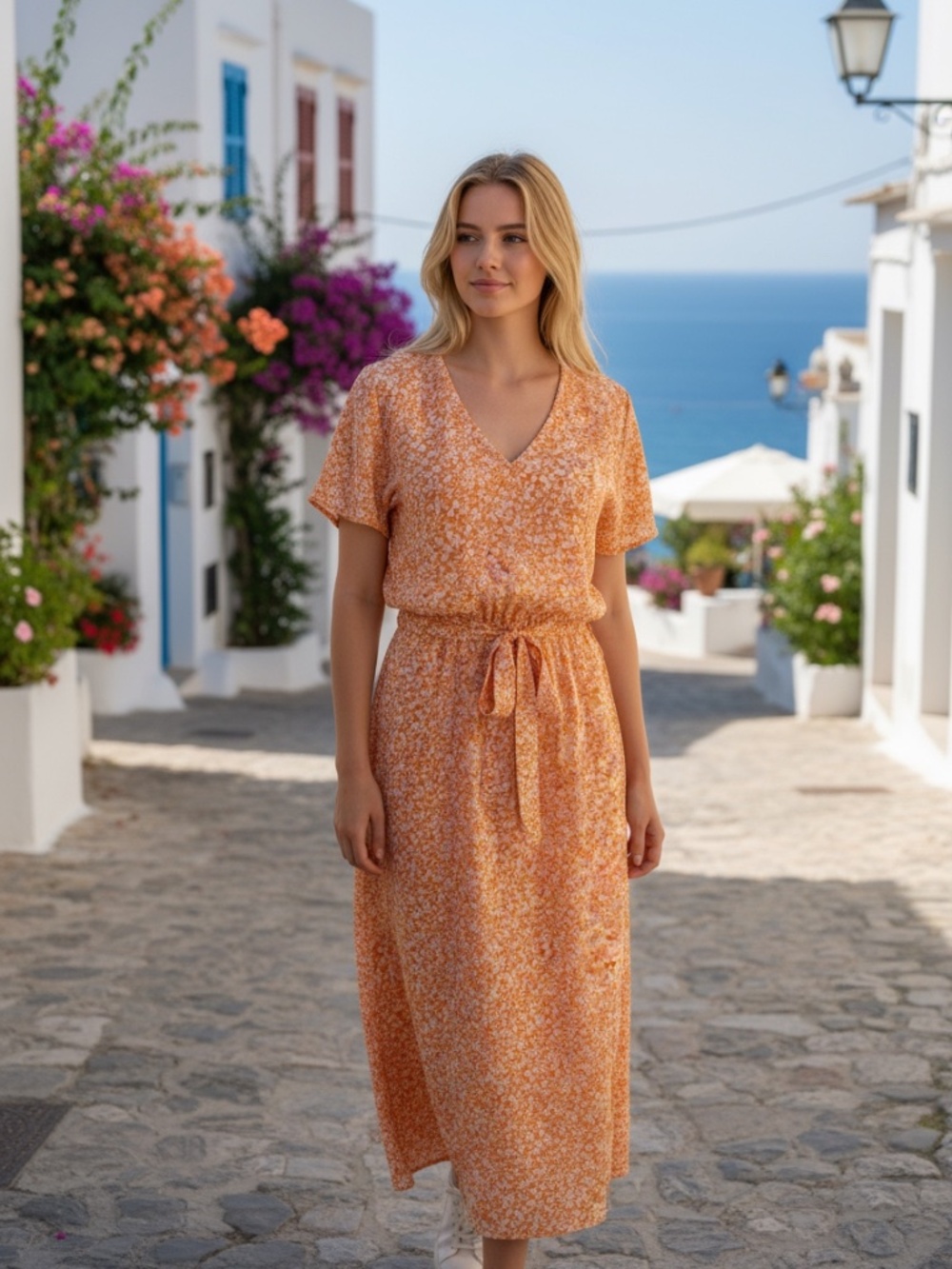 Sienna Sky Boho Orange & White Floral Tie Waist Midi Dress Flutter Sleeves
